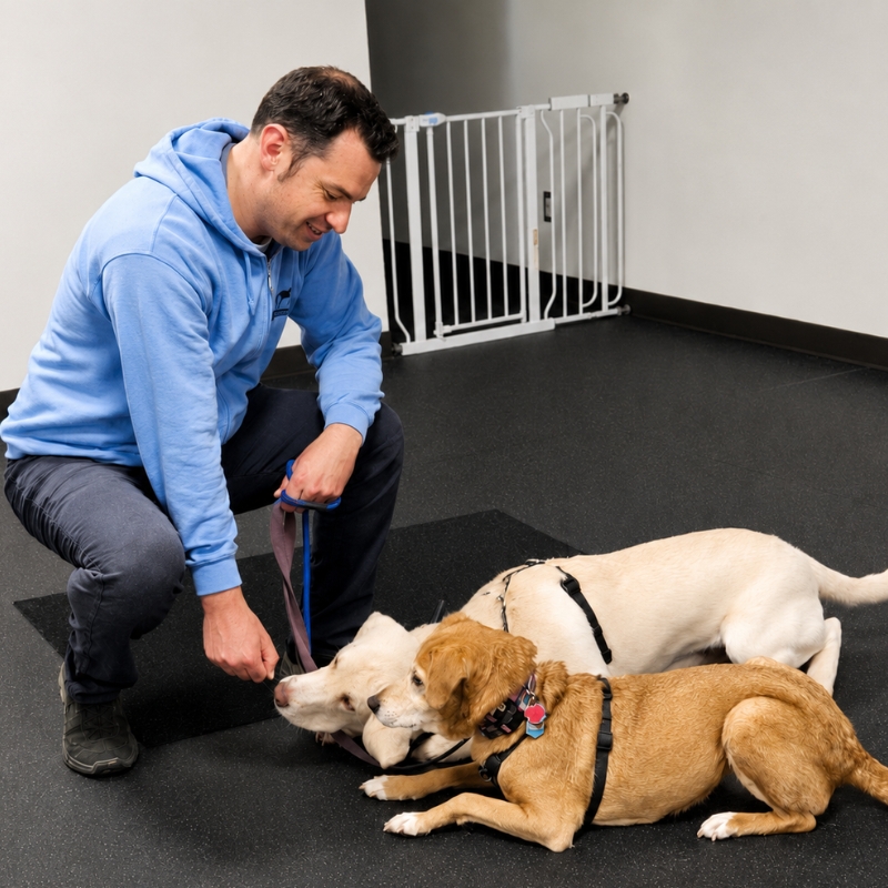 Josh, owner of Underdog Training Academy, working with two dogs during a training session in Cleveland Ohio.